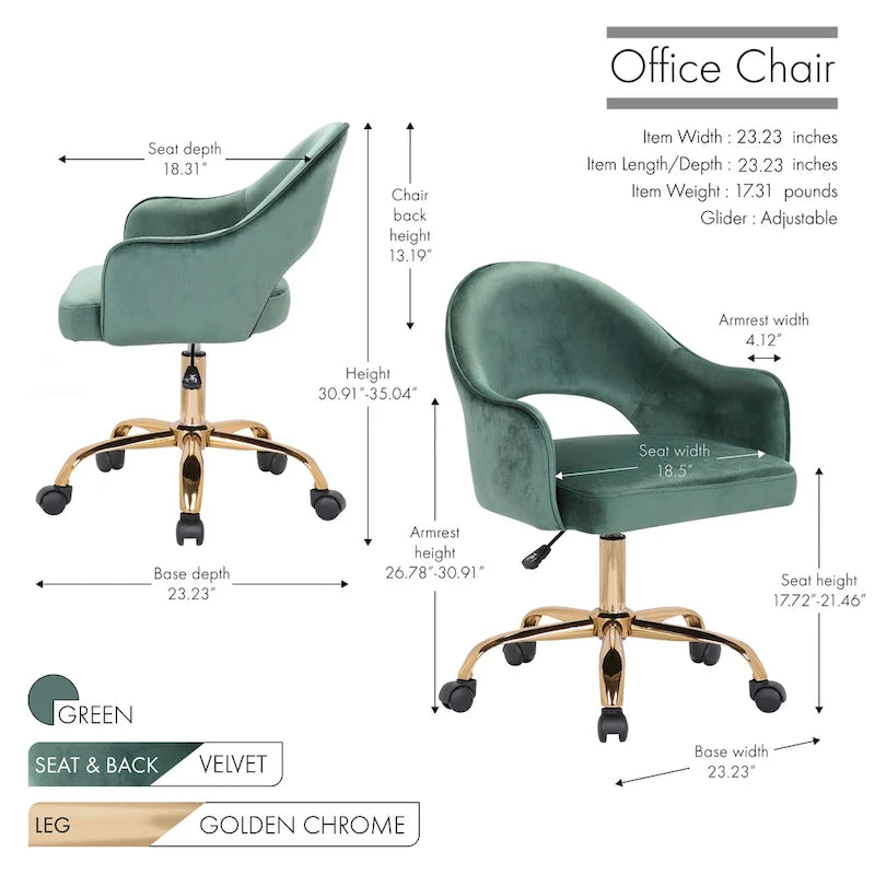 Fauteuil de bureau pivotant en velours, pieds chromés dorés