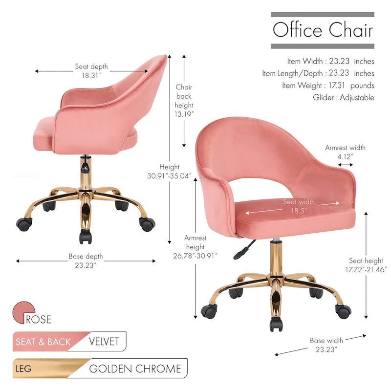 Fauteuil de bureau pivotant en velours, pieds chromés dorés