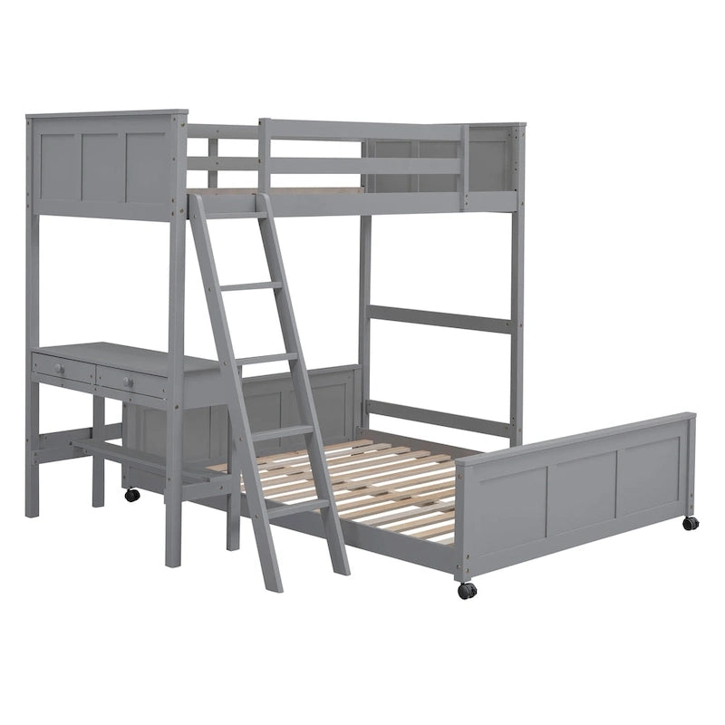 Lit superposé jumeau sur grand lit avec bureau