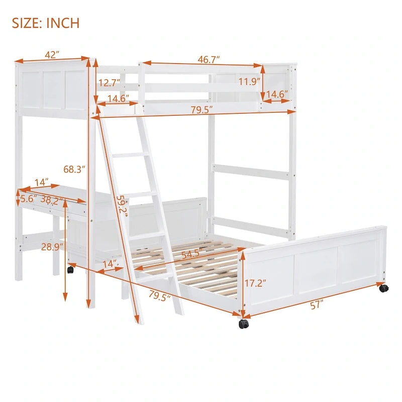 Lit superposé jumeau sur grand lit avec bureau