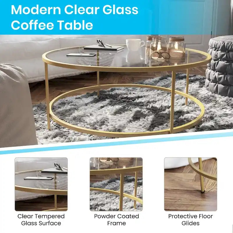 Table basse de salon en verre avec cadre métallique rond