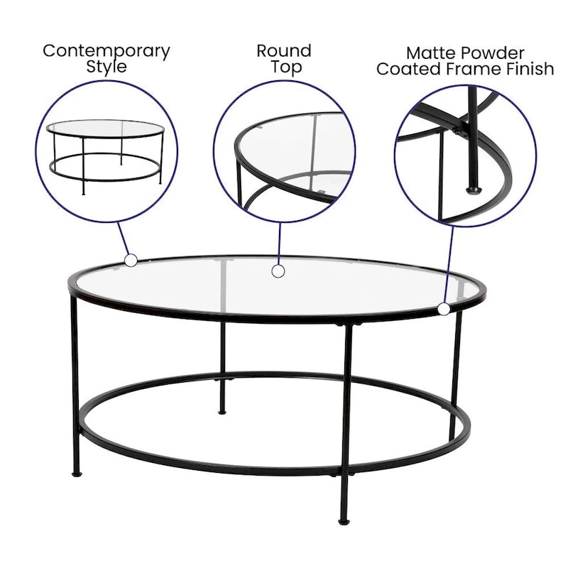 Table basse de salon en verre avec cadre métallique rond