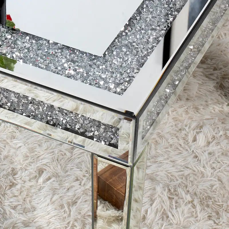 Table basse rectangulaire avec incrustation en cristal Table de salon miroir argenté