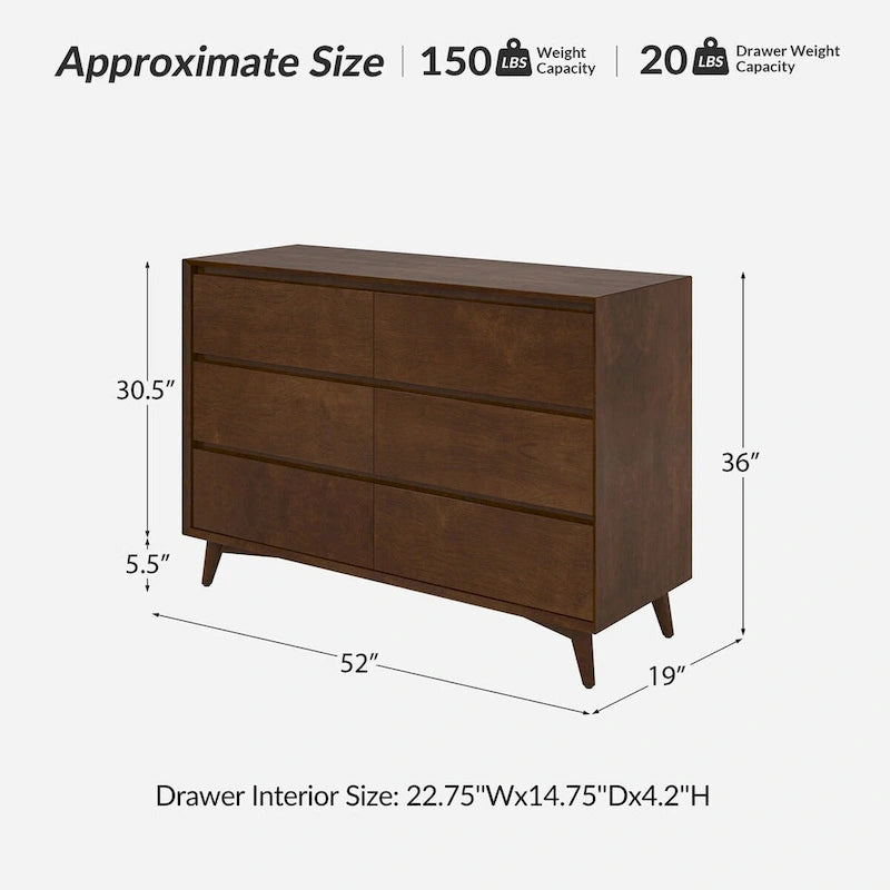 Commode à 6 tiroirs avec pieds en bois massif par
