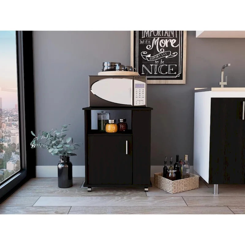 Meuble à micro-ondes avec une porte et trois étagères latérales