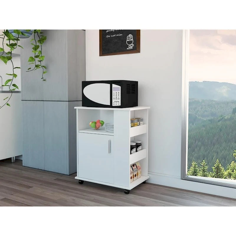 Meuble à micro-ondes avec une porte et trois étagères latérales