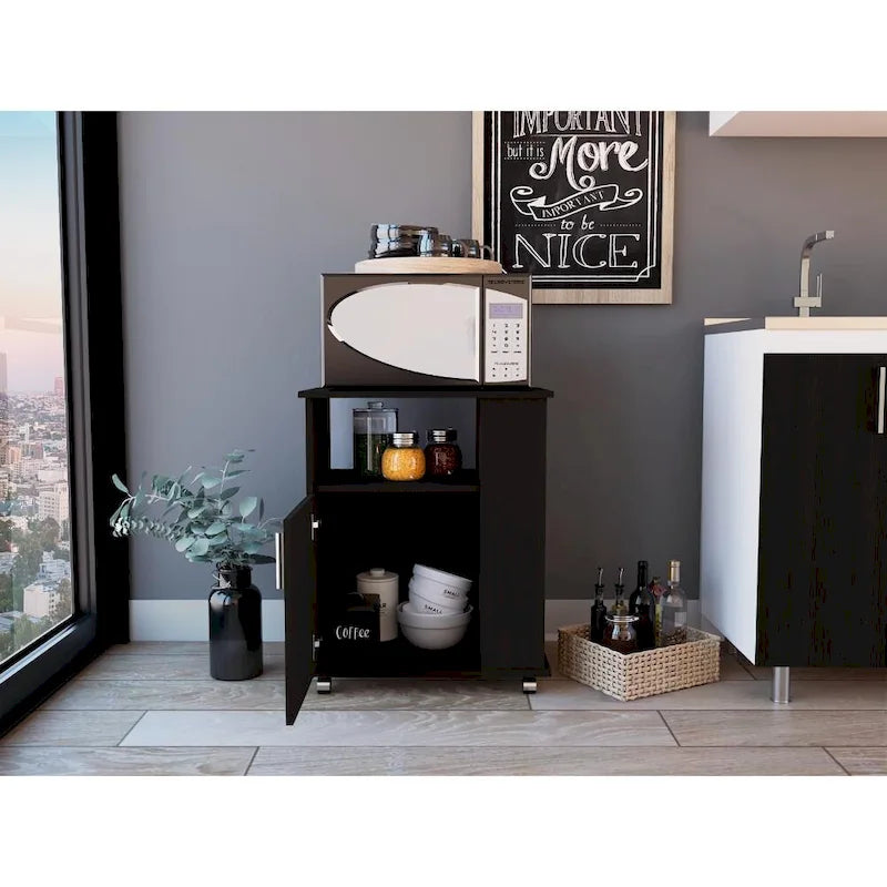 Meuble à micro-ondes avec une porte et trois étagères latérales