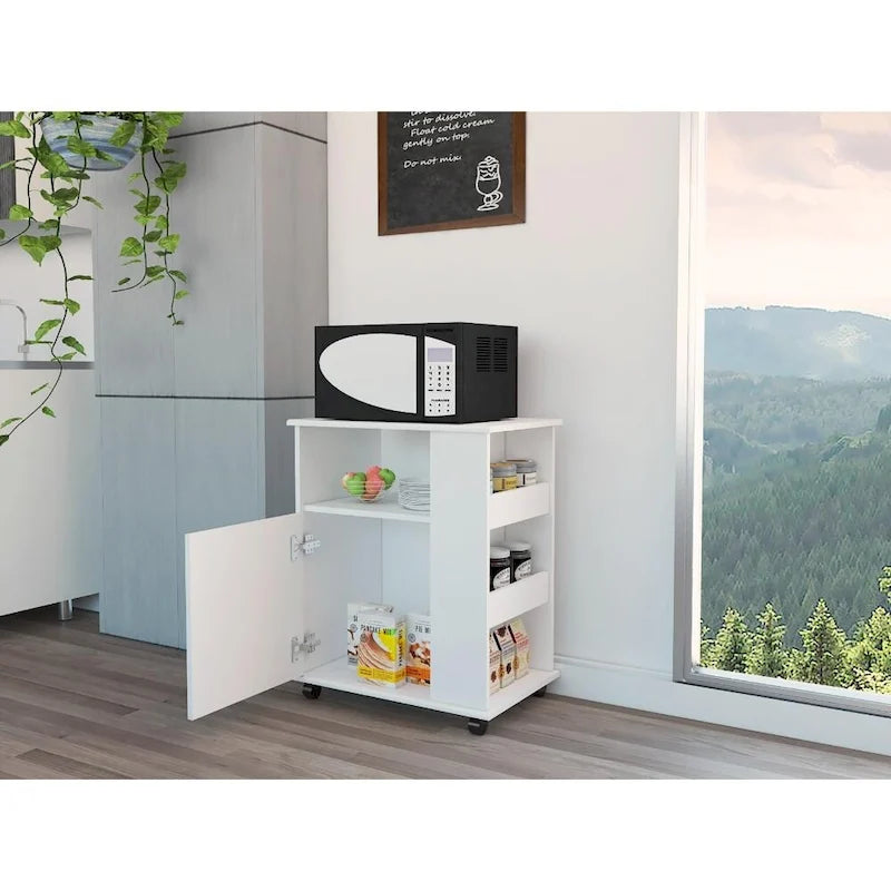 Meuble à micro-ondes avec une porte et trois étagères latérales