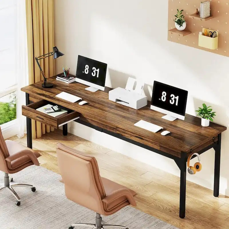 Bureau d'ordinateur extra long, grand bureau double avec 2 tiroirs
