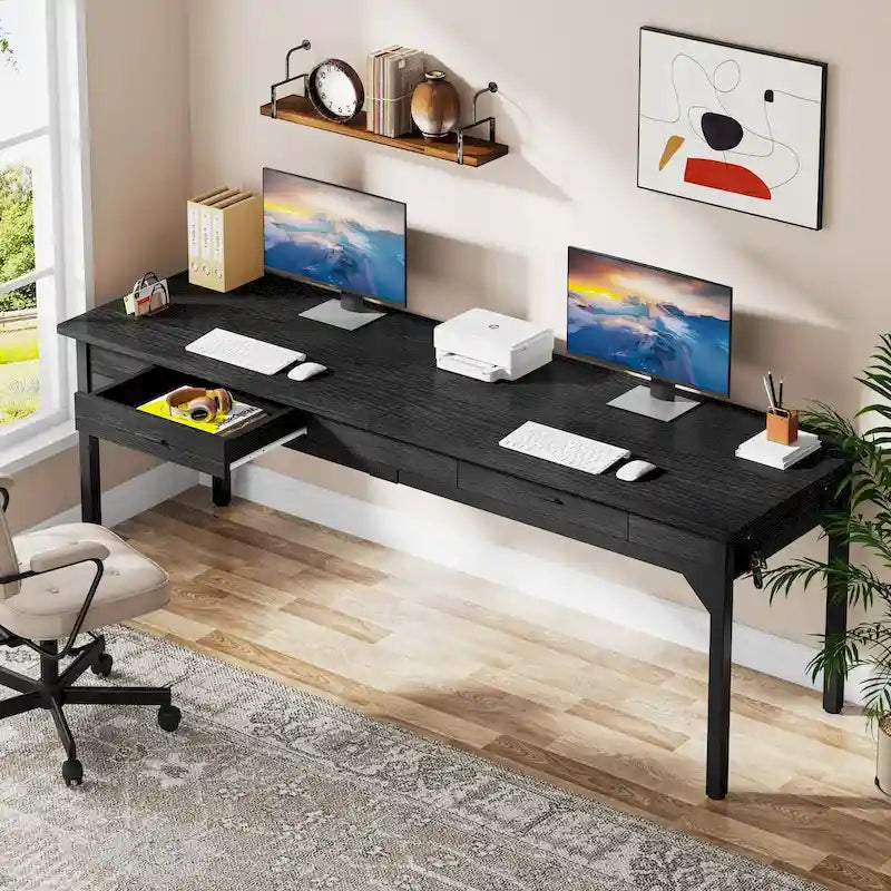 Bureau d'ordinateur extra long, grand bureau double avec 2 tiroirs