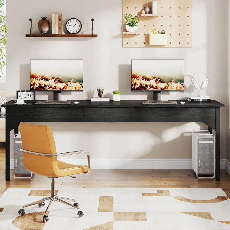 Bureau d'ordinateur extra long, grand bureau double avec 2 tiroirs