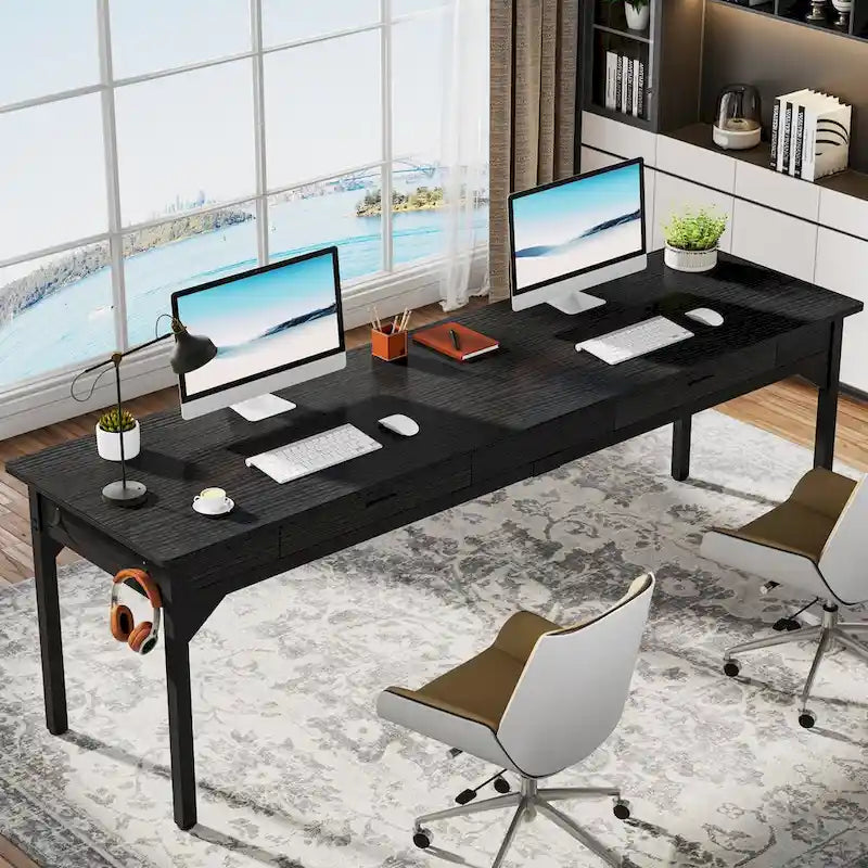 Bureau d'ordinateur extra long, grand bureau double avec 2 tiroirs