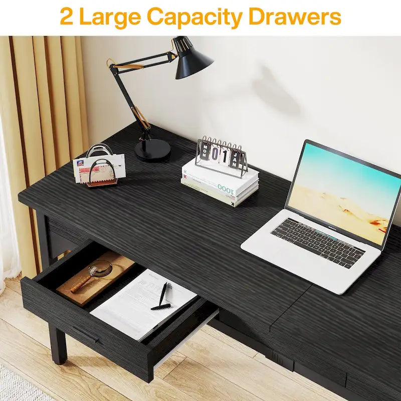 Bureau d'ordinateur extra long, grand bureau double avec 2 tiroirs