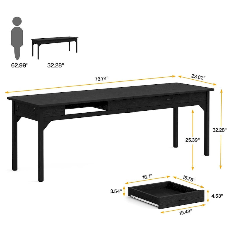 Bureau d'ordinateur extra long, grand bureau double avec 2 tiroirs