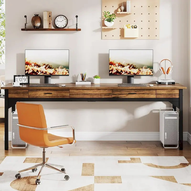 Bureau d'ordinateur extra long, grand bureau double avec 2 tiroirs