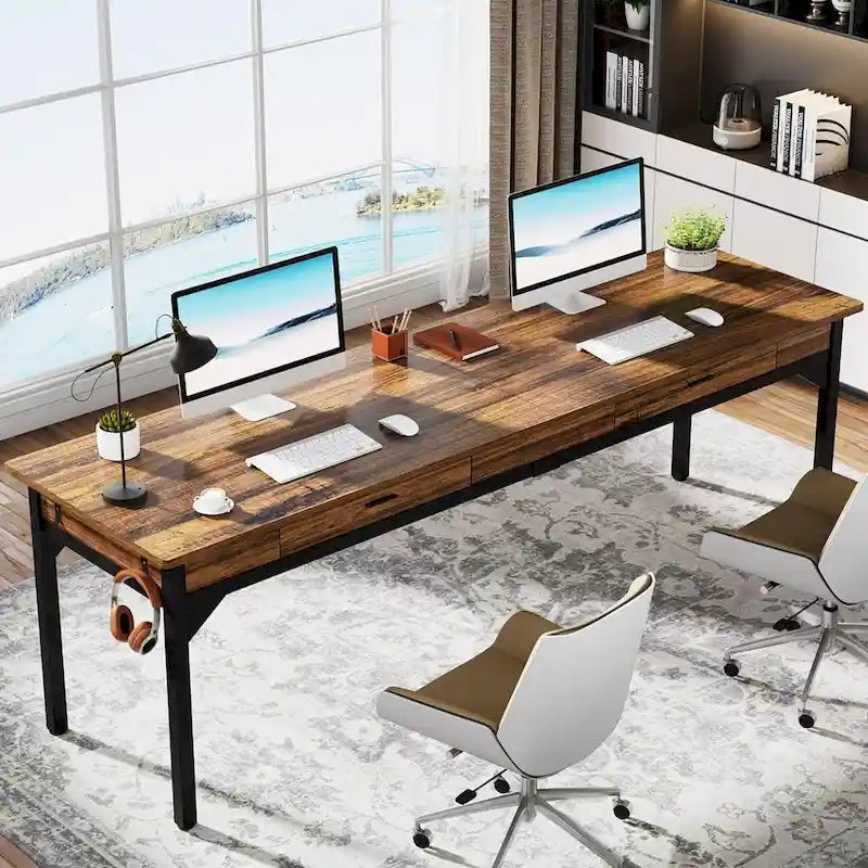 Bureau d'ordinateur extra long, grand bureau double avec 2 tiroirs