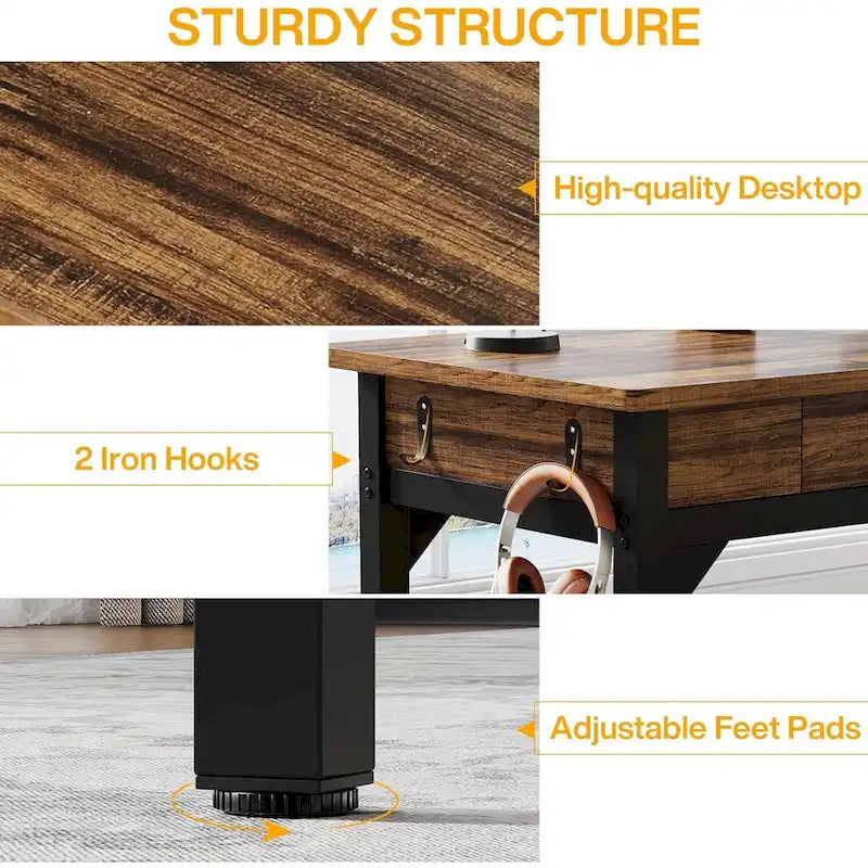 Bureau d'ordinateur extra long, grand bureau double avec 2 tiroirs