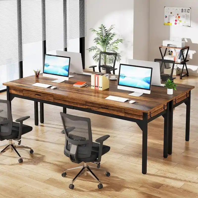 Bureau d'ordinateur extra long, grand bureau double avec 2 tiroirs