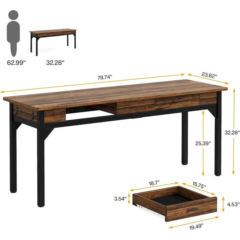 Bureau d'ordinateur extra long, grand bureau double avec 2 tiroirs