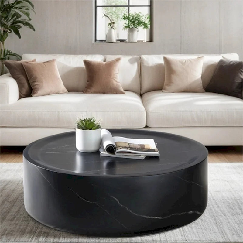 Table basse ronde robuste en fibre de verre avec grand espace de rangement
