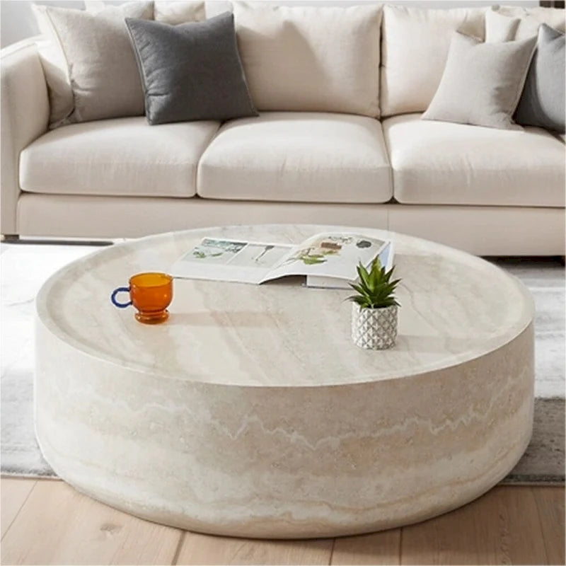 Table basse ronde robuste en fibre de verre avec grand espace de rangement