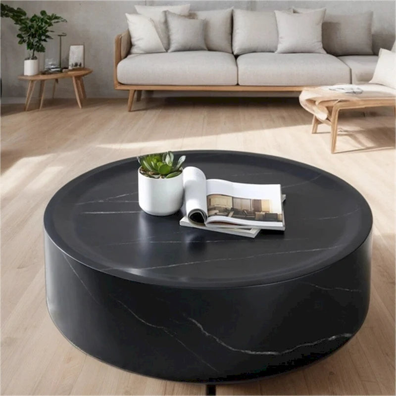 Table basse ronde robuste en fibre de verre avec grand espace de rangement