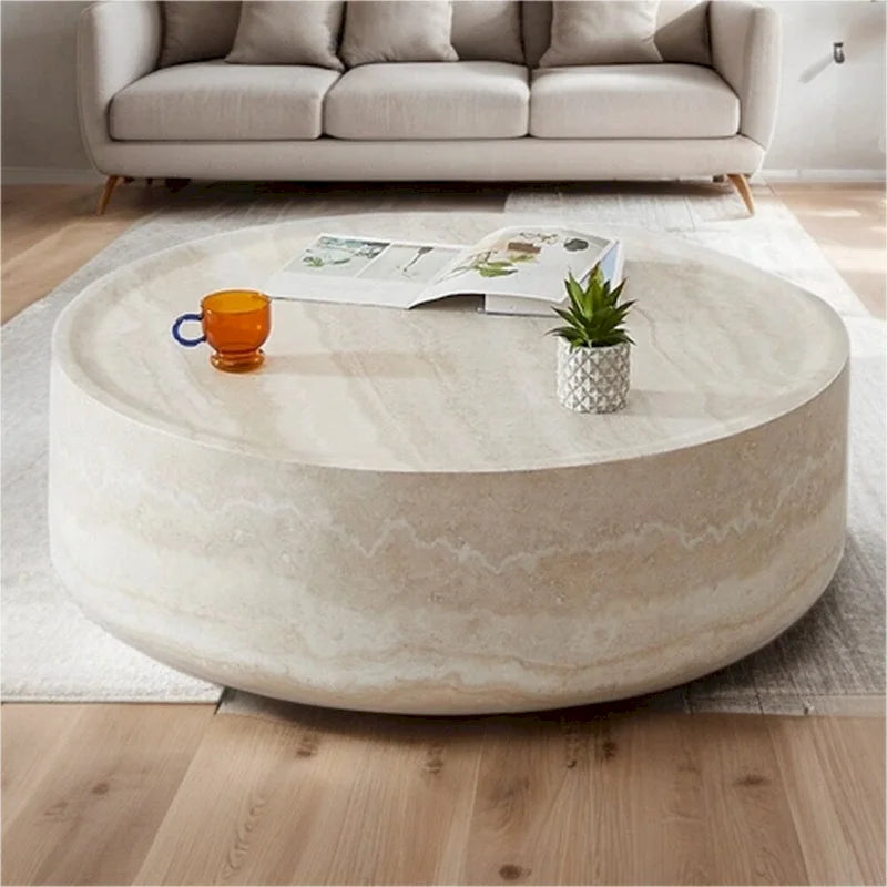 Table basse ronde robuste en fibre de verre avec grand espace de rangement
