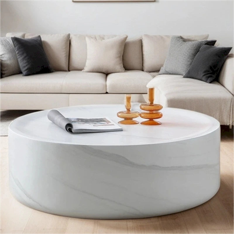 Table basse ronde robuste en fibre de verre avec grand espace de rangement