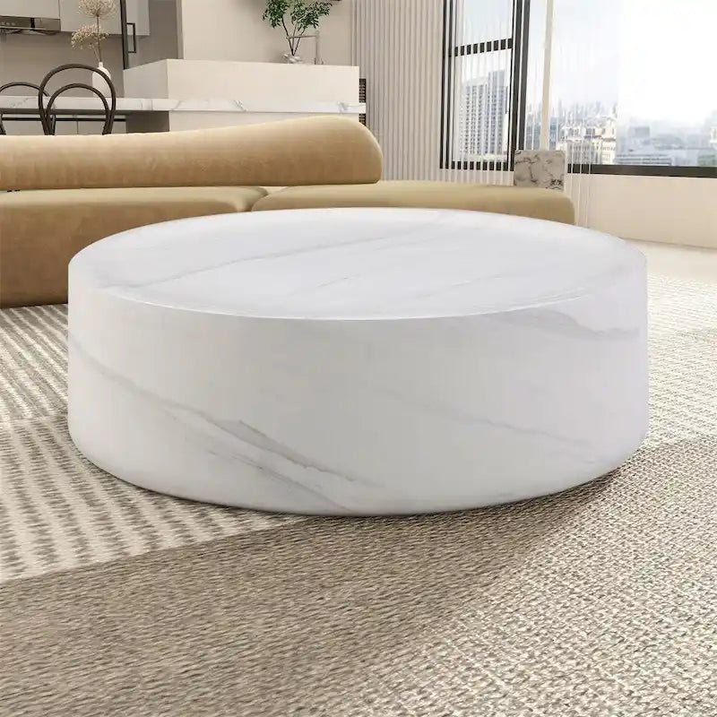 Table basse ronde robuste en fibre de verre avec grand espace de rangement